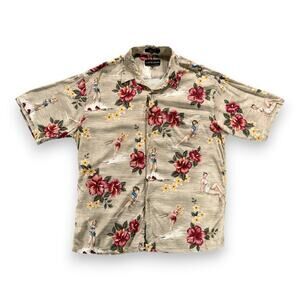 Croft Barrow Hawaiian Shirt Adult EXTRA LARGE Brown Floral Pinup Girl Camp Print